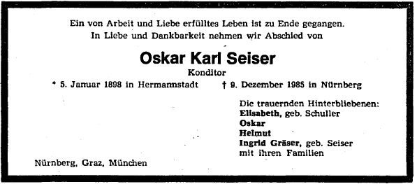 Seiser Oskar 1899-1985 Todesanzeige